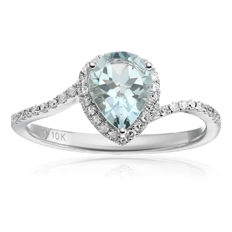 10k White Gold Aquamarine Diamond Engagement Ring Size - 7