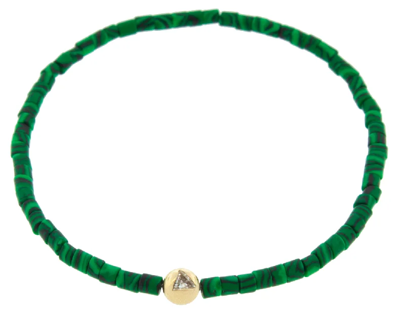 Medium White Diamond Trillion on Malachite Bead Bracelet