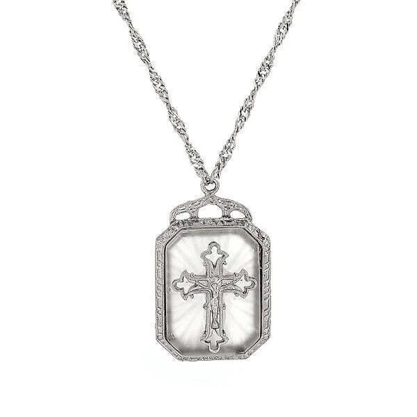 Symbols Of Faith Frosted Stone With Cross Large Pendant Necklace 28"