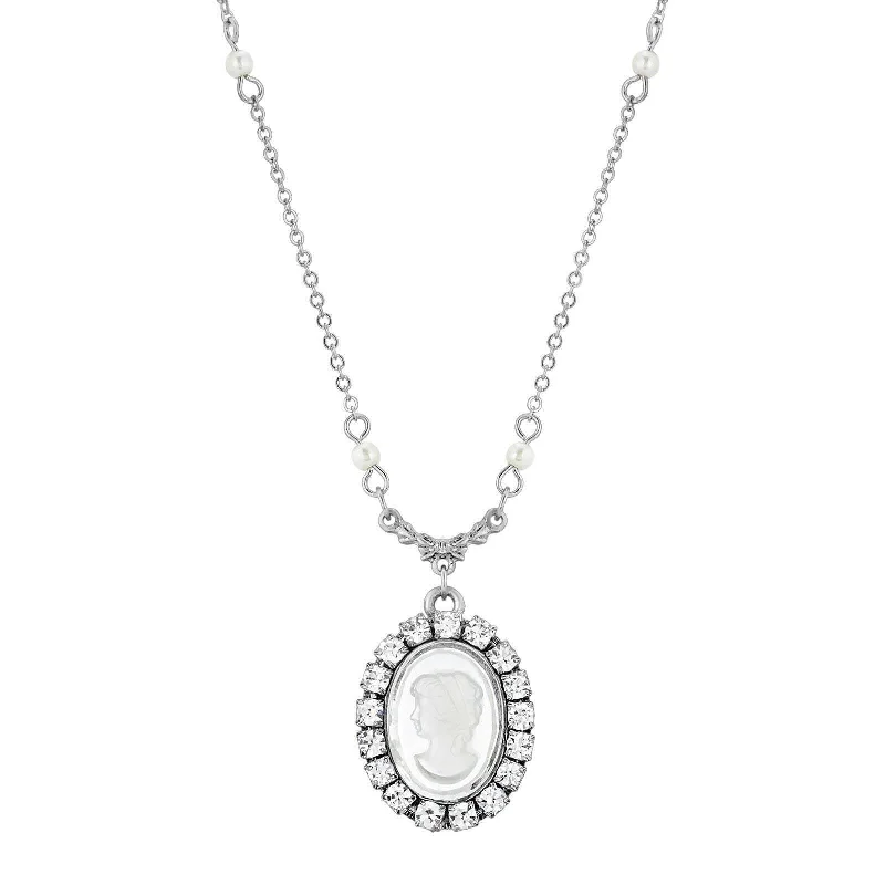 1928 Jewelry Elenor Oval Intaglio Crystal White Faux Pearl Pendant Necklace 16" + 3" Extender