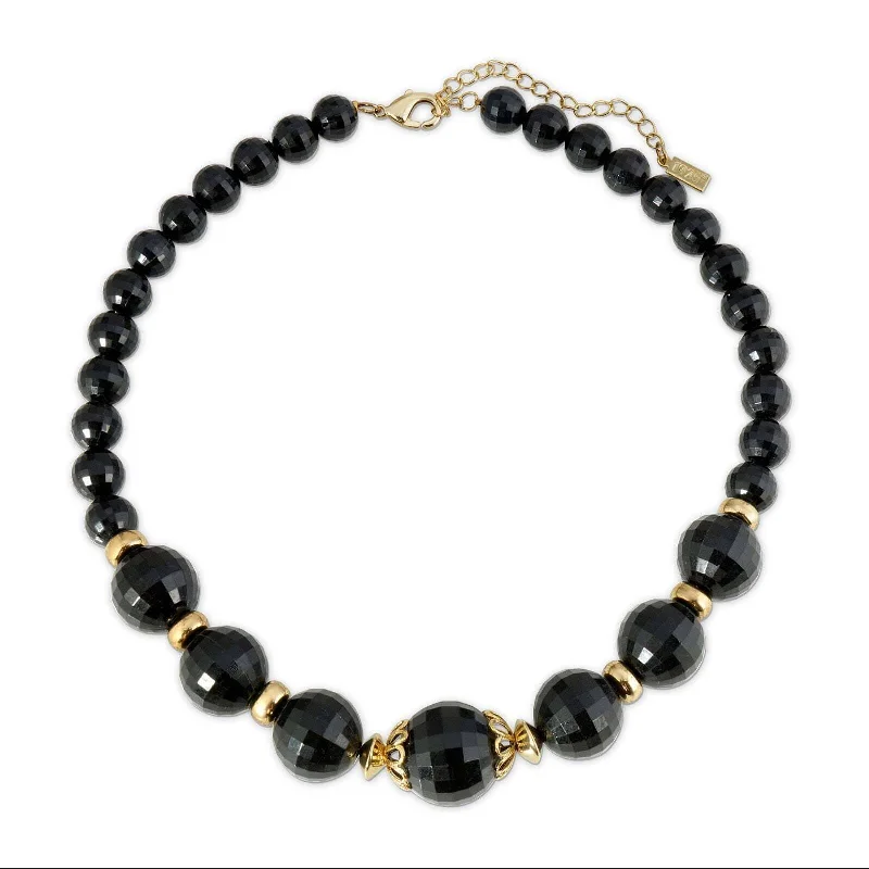 1928 Jewelry Round Black Faceted Beaded Stranded Necklace 16" + 3" Extender