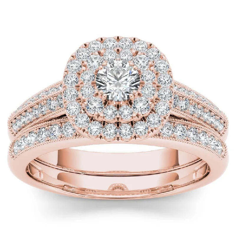 De Couer 10k Rose Gold 7/8ct TDW Diamond Double Halo Engagement Ring Set with One Band - Pink