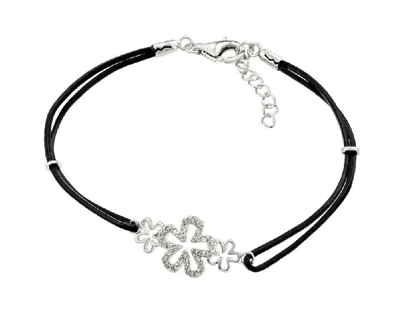 Silver 925 Rhodium Plated Past Present Future Open Flower CZ Black Rope Bracelet - BGB00177