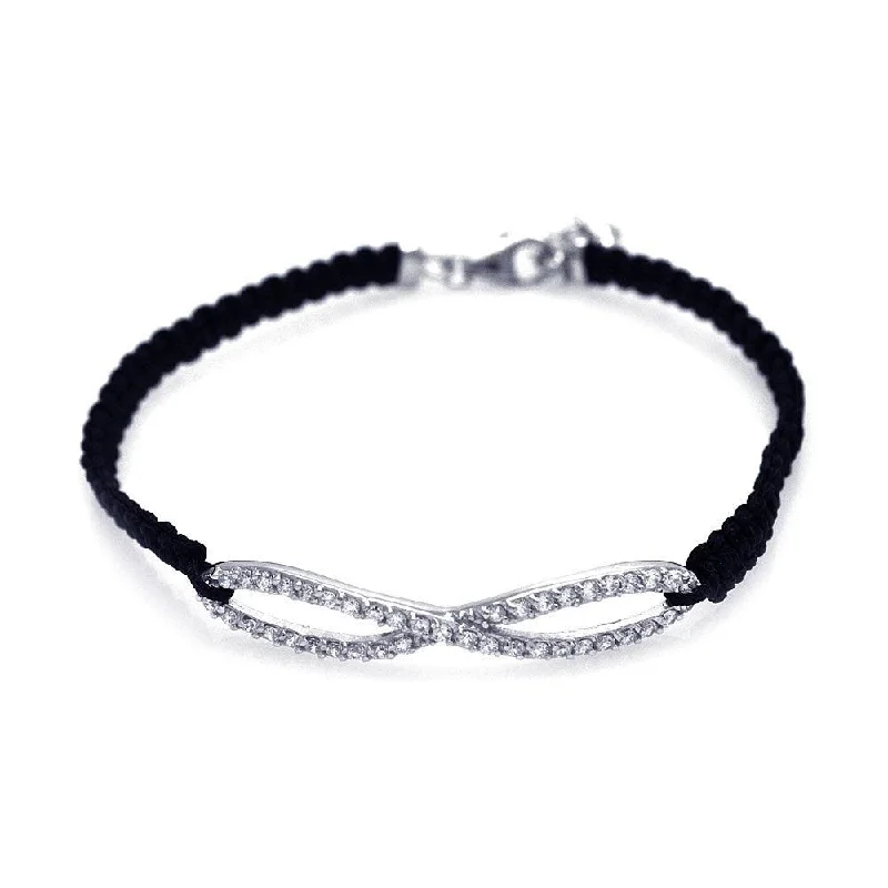 Silver 925 Rhodium Plated Infinity Clear CZ Black Cord Bracelet - STB00402