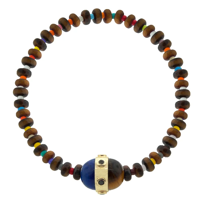 Tiger's Eye & Lapis Cabochon with Gold & Black Diamond Collar Beaded Bracelet