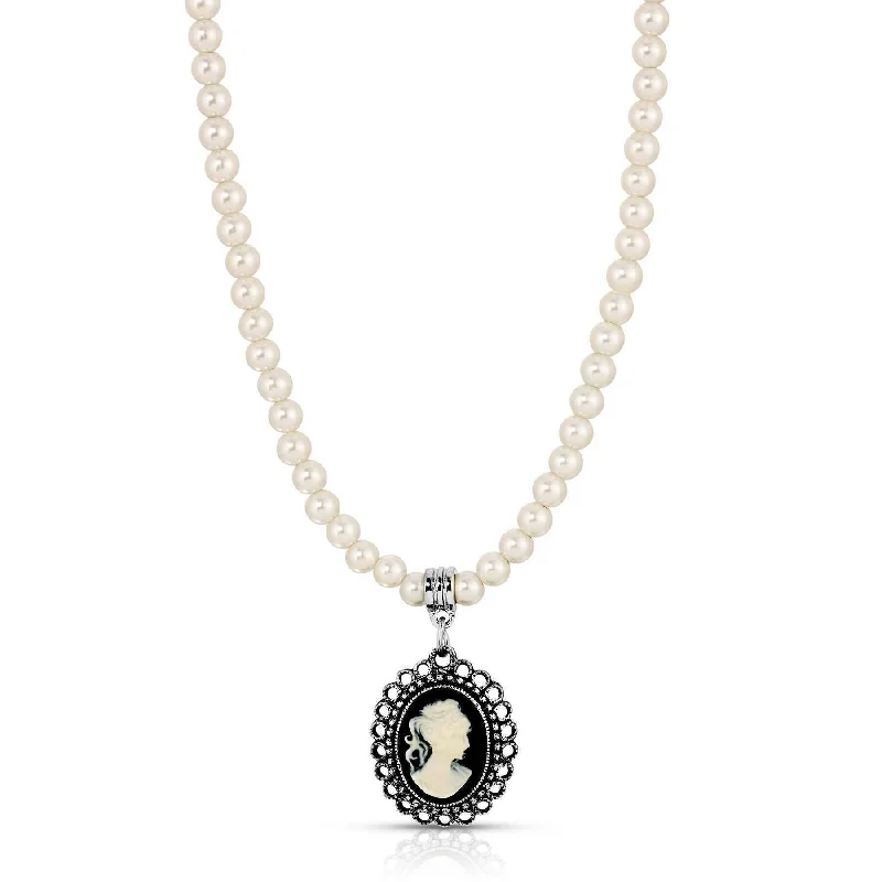 1928 Jewelry Black & White Cameo Pendant 4mm Faux Pearl Strand Necklace Necklace 15" + 3" Extension