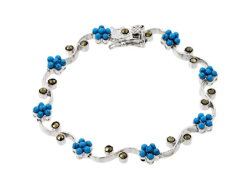 Silver 925 Rhodium Plated Six Point Blue Flower Stone CZ Stems Bracelet - BGB00198