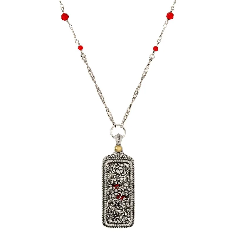 1928 Jewelry Pewter Floral Swinging Cover with Red Hearts Pendant Necklace 30"