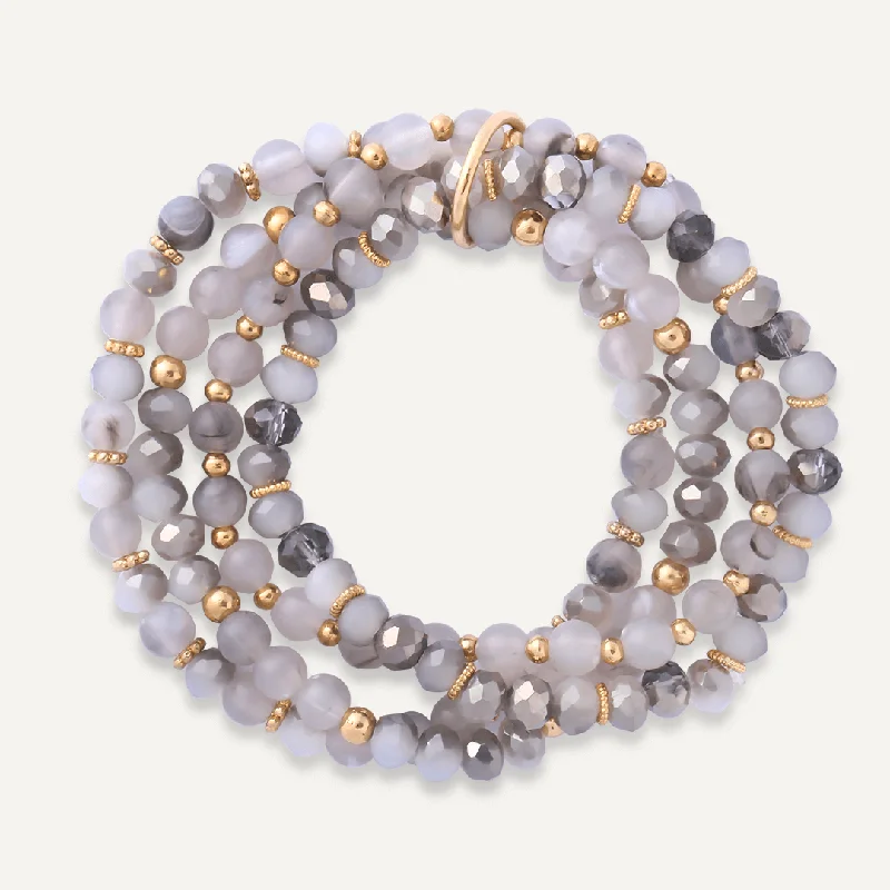 Multi-row Grey Semi-Precious Stone & Crystal Elasticated Bracelet In Gold-Tone