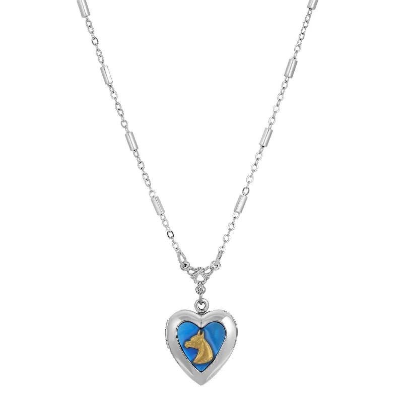 1928 Jewelry Sapphire Blue Horse Heart Locket Necklace 16" + 3" Extender