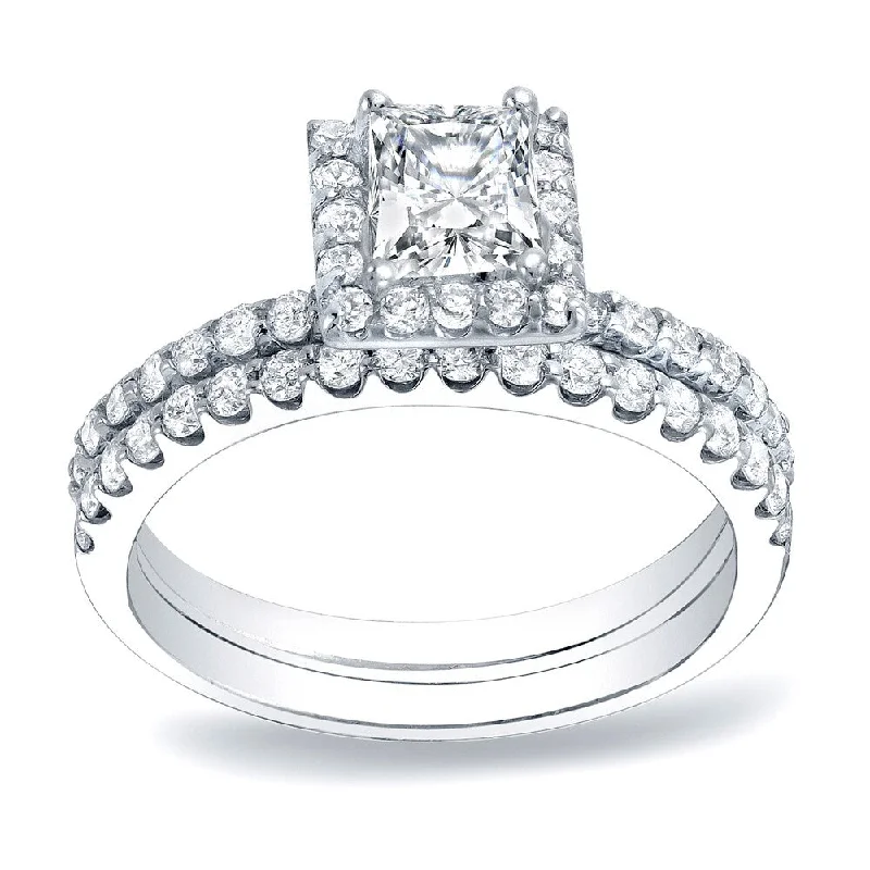 Platinum 1 1/4ct TDW Princess Cut Diamond Halo Engagement Ring Set by Auriya