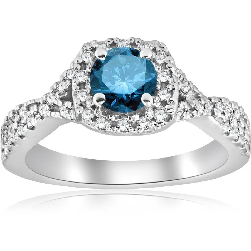 Pompeii3 14K White Gold 1 ct TDW Blue Diamond Cushion Halo Engagement Ring