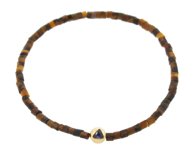 Medium Blue Sapphire Trillion on Tiger's Eye Bead Bracelet