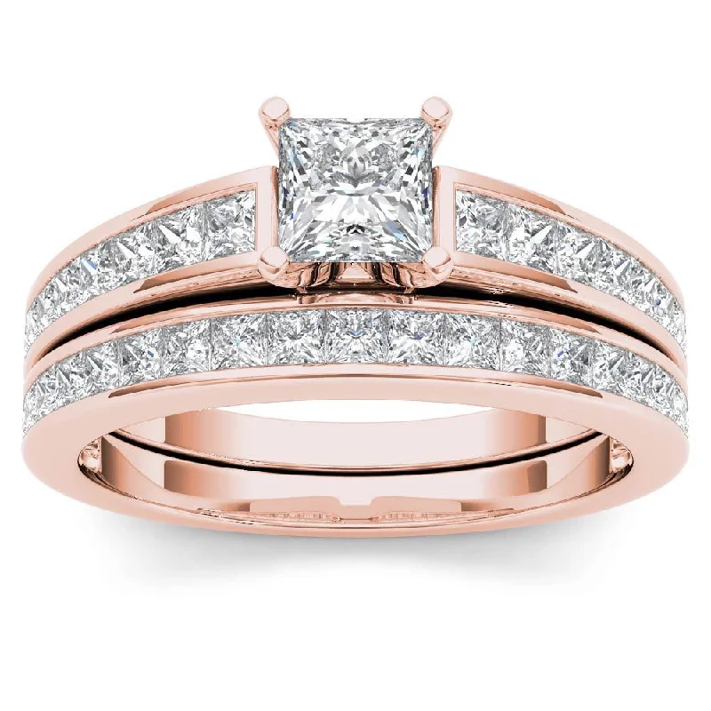 De Couer 14k Rose Gold 1 1/2ct TDW Diamond Classic Engagement Ring Set with One Band - Pink