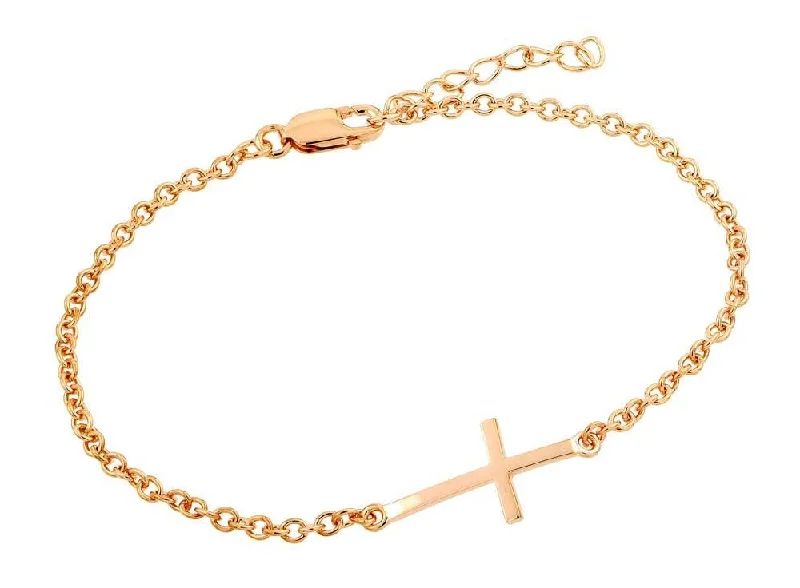 Silver 925 Rose Gold Plated Sideways Cross Bracelet - BGB00110RGP