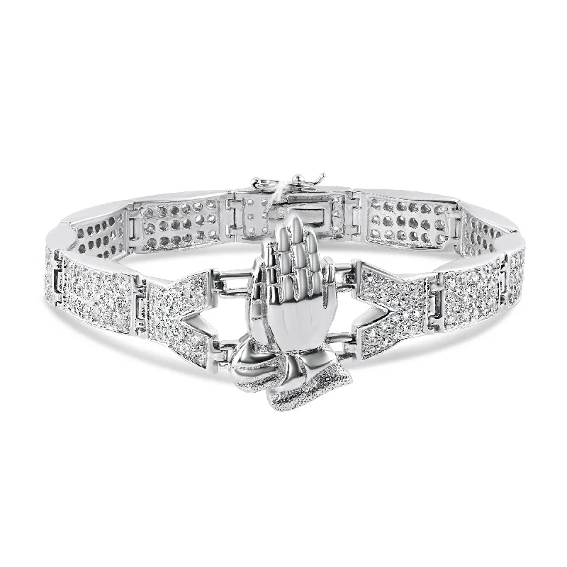 Rhodium Plated 925 Sterling Silver Praying Hand CZ Bracelet - STBM0017