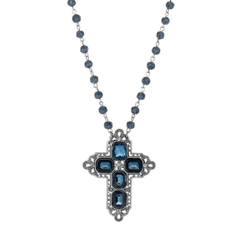 1928 Jewelry Antiqued Pewter Octagon Dark Blue German Glass Stones And Beaded Cross Necklace 16" + 3" Extender