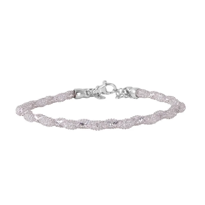 Silver 925 Rhodium Plated Mesh and Wrapped Embedded CZ Slim Italian Bracelet - ECB00095RH