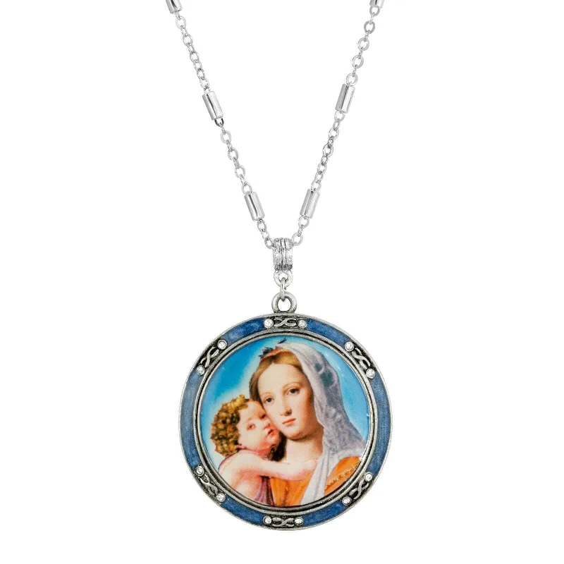 Symbols Of Faith Round Blue Enamel Mary and Child Decal Pendant Necklace 30"