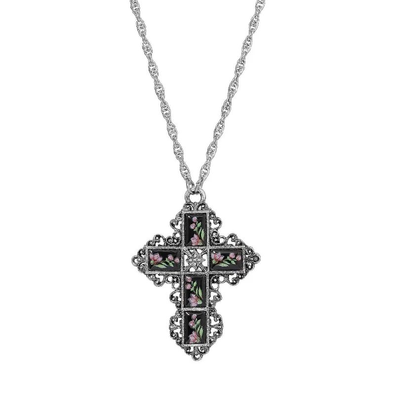 Symbols Of Faith Filigree Cross Pink Floral Enamel Stone Pendant Necklace 28"