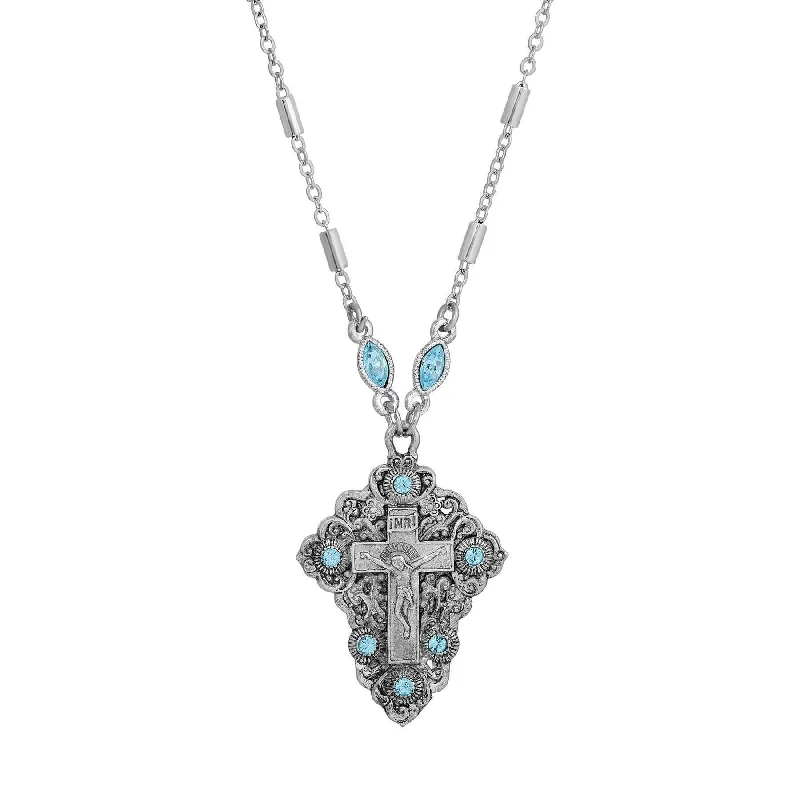 Symbols Of Faith INRI Crucifix Aqua Blue Crystal Pendant Necklace 16" + 3" Extender