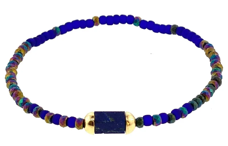 Hexagon Lapis Bolt on Beaded Bracelet