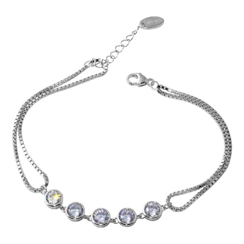 Rhodium Plated 925 Sterling Silver Double Strand Box Bracelet with Round CZ - STB00538RH