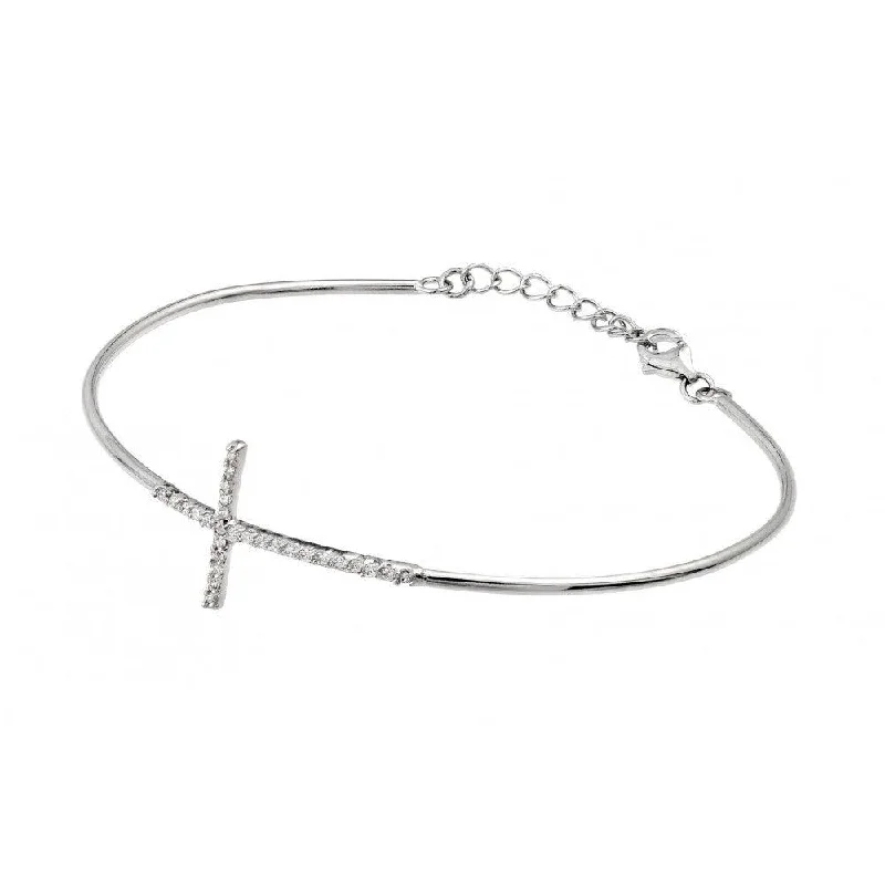 Silver 925 Rhodium Plated Cross Clear CZ Bracelet - BGB00207