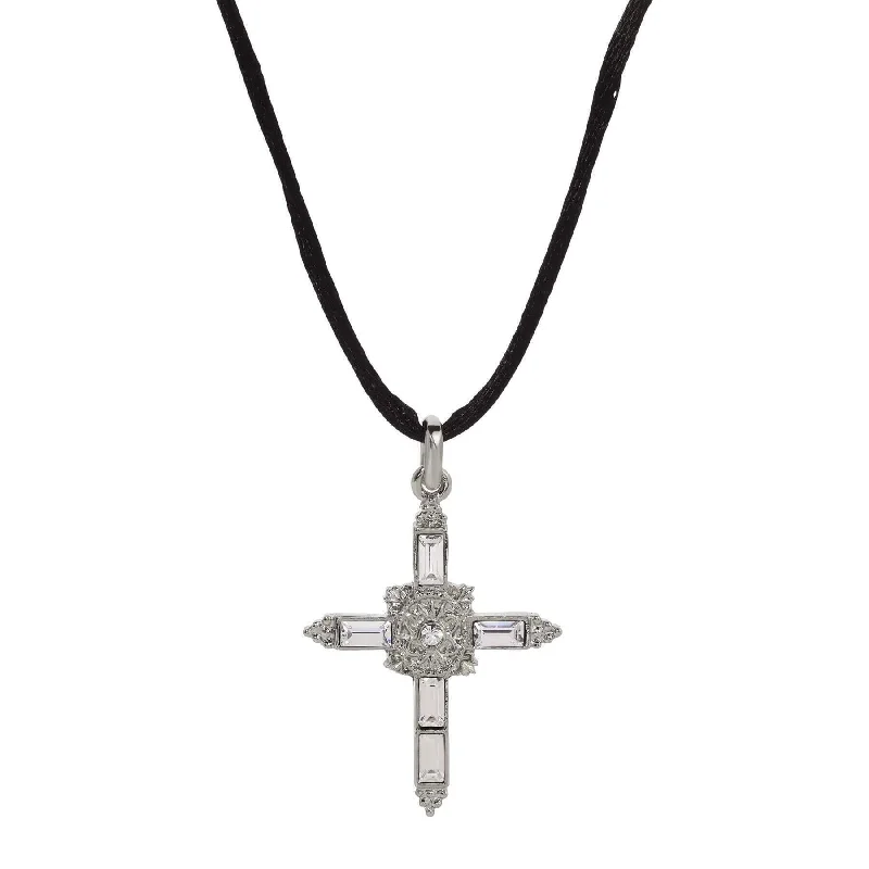 Symbols Of Faith Baguette Crystal Cross Pendant Black Satin Cord Necklace 14" + 5" Extender