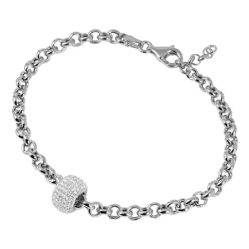 Silver 925 Rhodium Plated Rolo Bracelet with Micro Pave Center Bead - ECB00047RH