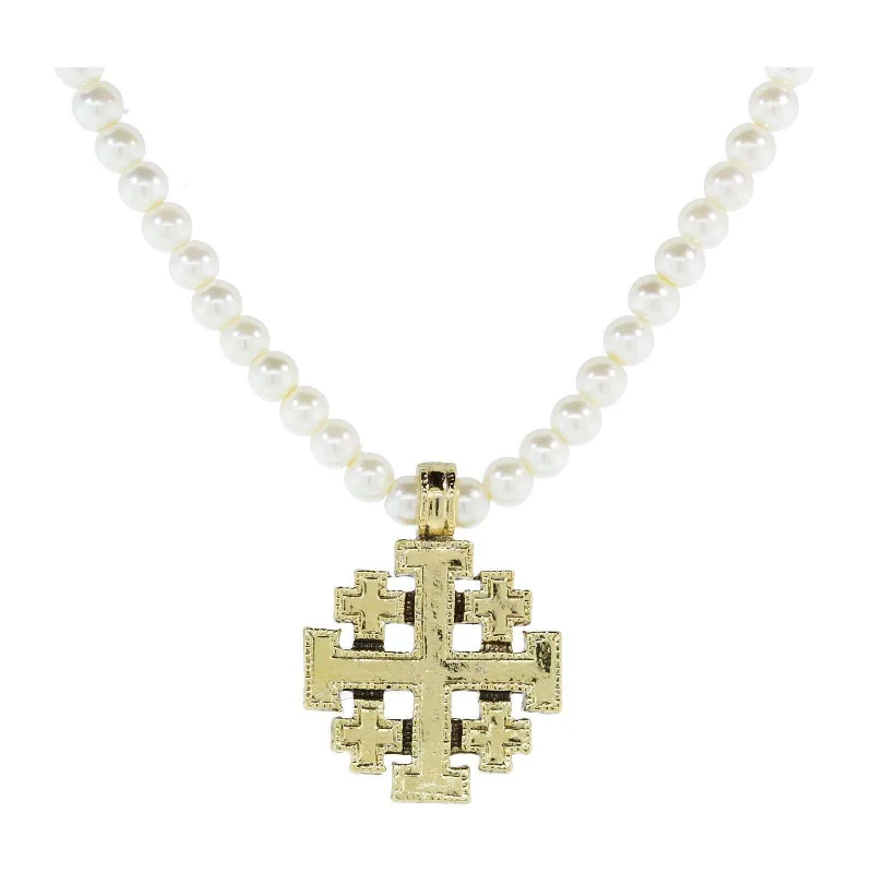 1928 Jewelry Gold Jerusalem Cross Pendant 4mm Faux Pearl Strand Necklace 15" + 3" Extender