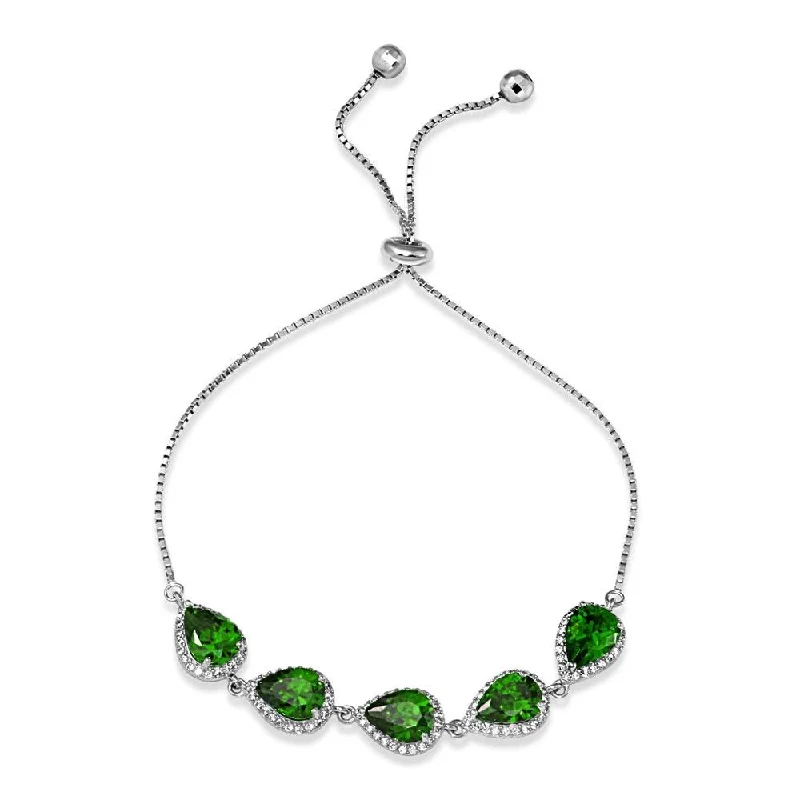 Rhodium Plated 925 Sterling Silver 5 Micro Pave Green Pear and Clear Round CZ Lariat Bracelet - STB00549GRN