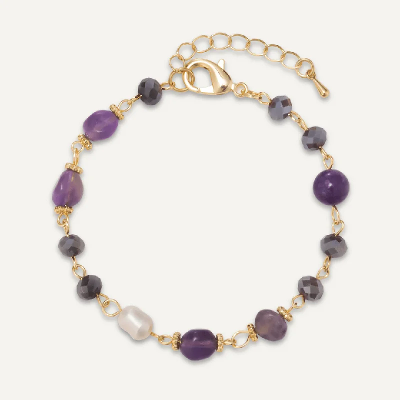 Purple Natural Stone & Freshwater Pearl Bracelet In Gold-Tone